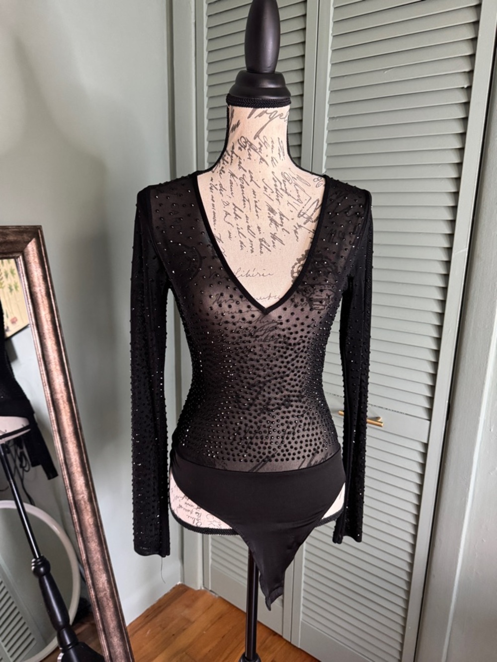 Windsor Black Long-Sleeve Sheer Rhinestone V-Neck Bodysuit